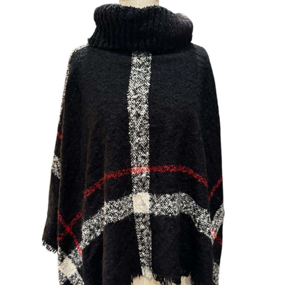 Luxury Morgan de Toi Plaid Turtleneck Poncho – Black, White & Red Check Pattern
